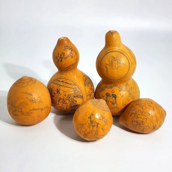 Handcrafted Etched Calabash Gourds Chinese Lanzhou Intricate Calligraphy Vintage - Picture 1 of 12